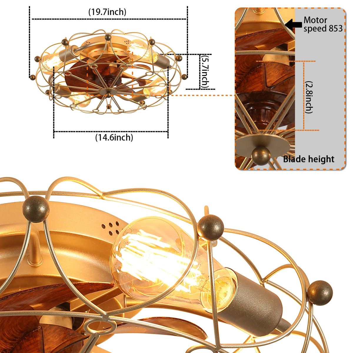 20" Golden Vintage Caged Ceiling Fan Light - 6-Speed Remote Control Industrial Style for Living Room Bedroom Dining Room Kitchen