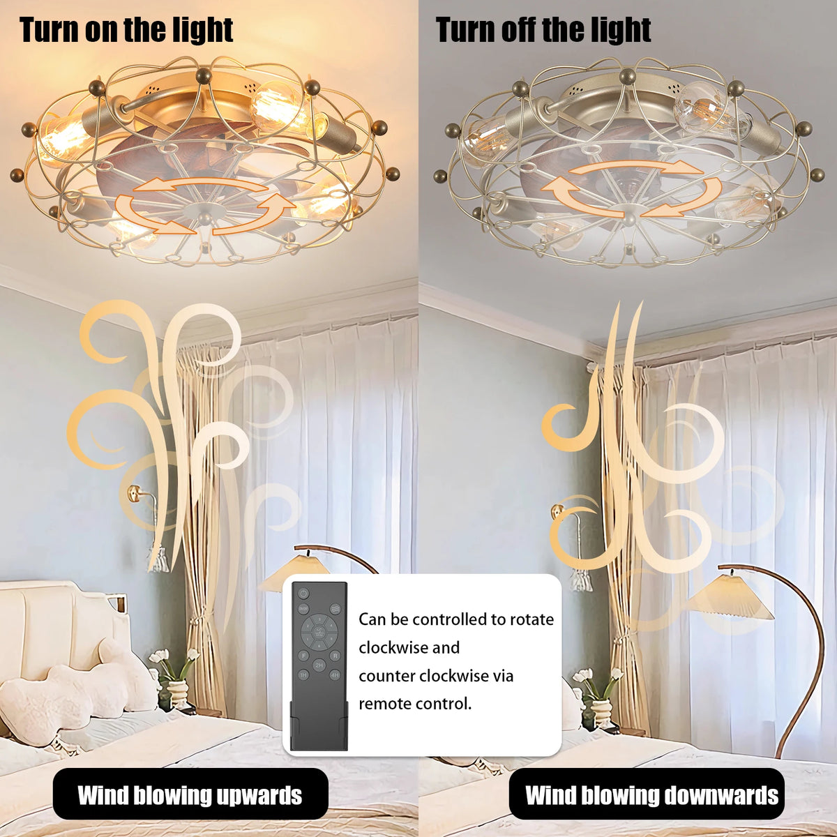 20" Golden Vintage Caged Ceiling Fan Light - 6-Speed Remote Control Industrial Style for Living Room Bedroom Dining Room Kitchen