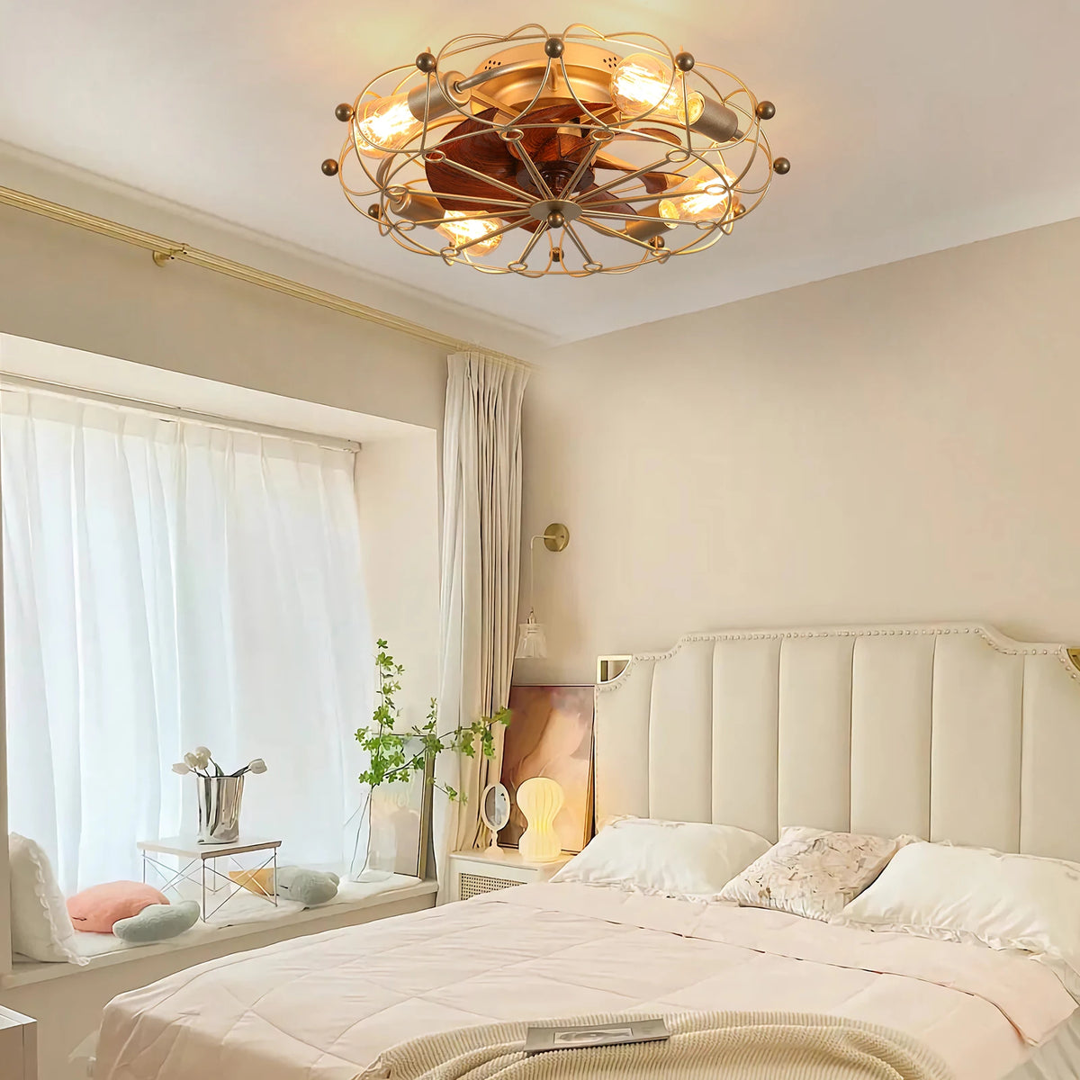 20" Golden Vintage Caged Ceiling Fan Light - 6-Speed Remote Control Industrial Style for Living Room Bedroom Dining Room Kitchen