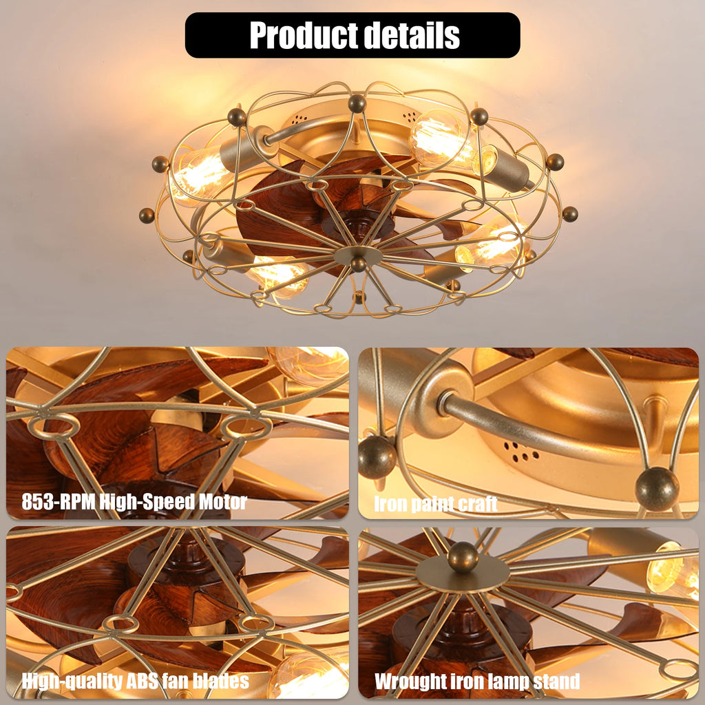 20" Golden Vintage Caged Ceiling Fan Light - 6-Speed Remote Control Industrial Style for Living Room Bedroom Dining Room Kitchen