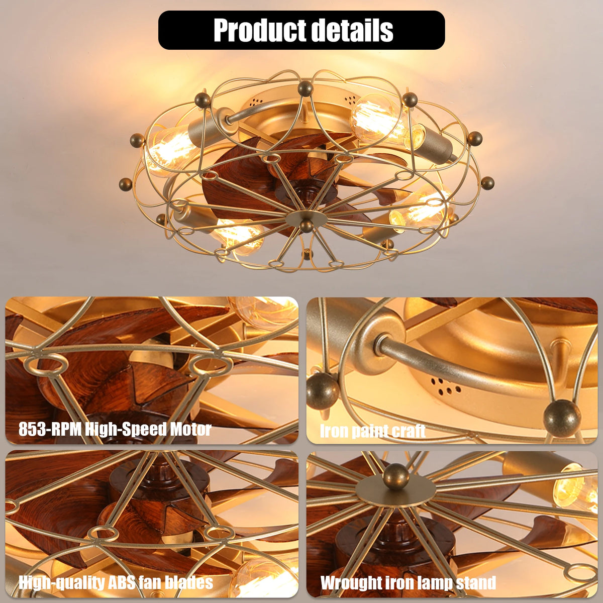 20" Golden Vintage Caged Ceiling Fan Light - 6-Speed Remote Control Industrial Style for Living Room Bedroom Dining Room Kitchen