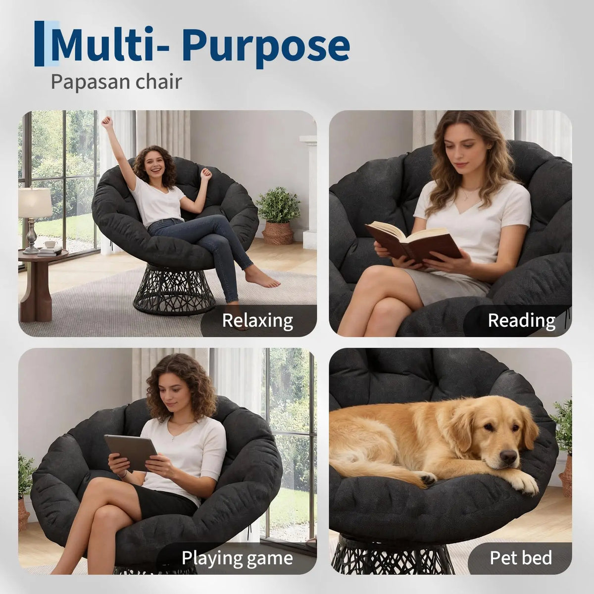 Oversized 40'' Papasan Chair, Ergonomic Wicker Swivel Chair With Thick Cushion & Steel Frame For Adults, Living Room