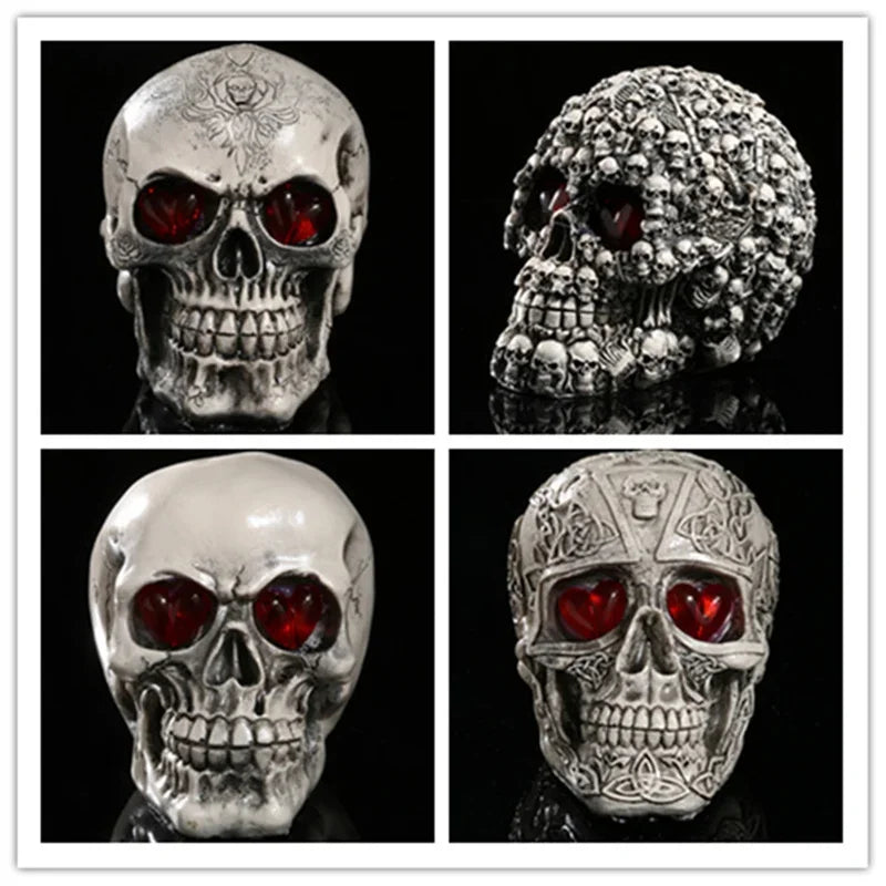 Handmade LED Eyes Resin Skull Skeleton Head Statues Demon Skull Figurines Sculpture Home Decoration Craft Halloween Decor Gift