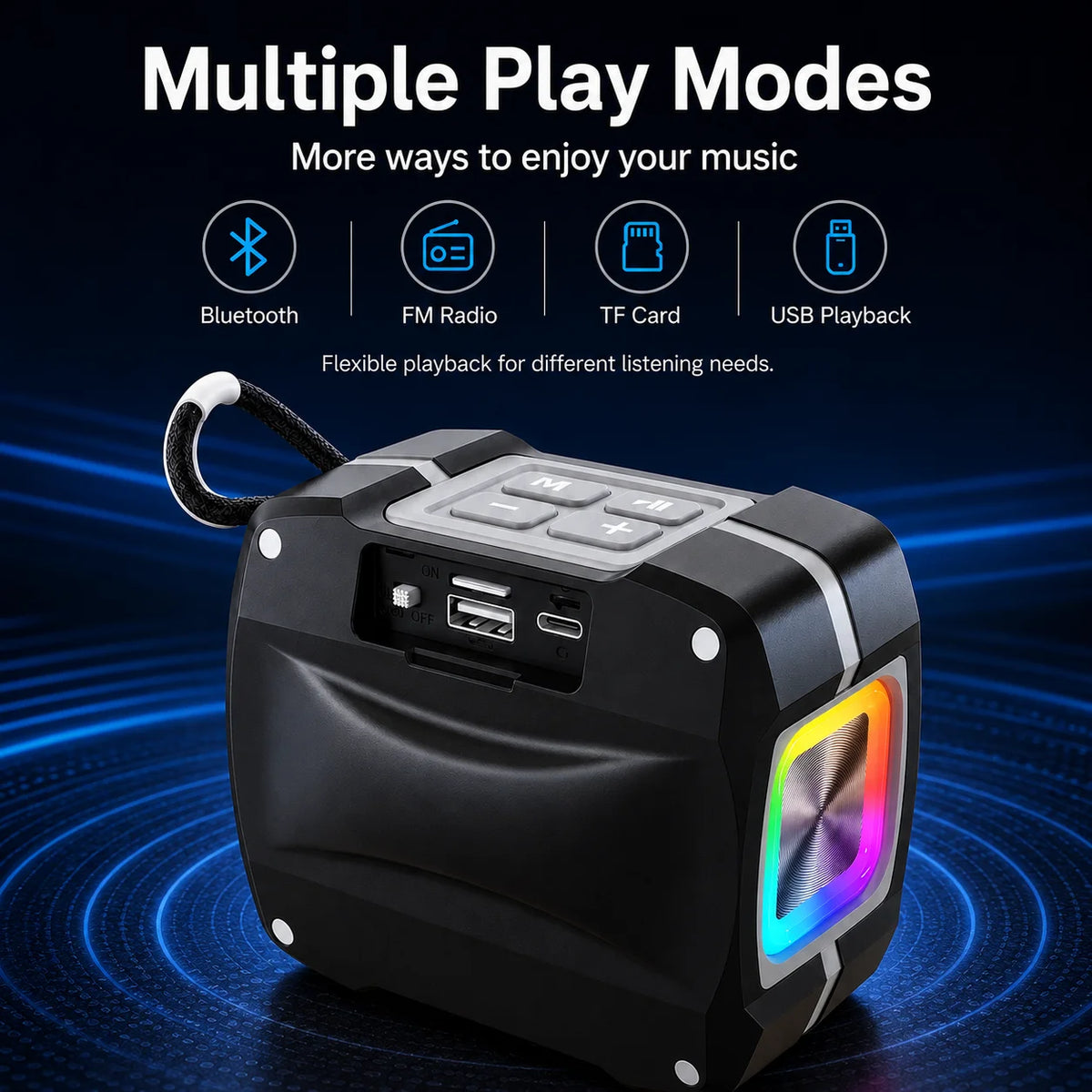 Portable Bluetooth Speaker, Bluetooth 5.3, TWS Pairing, 52mm Driver, 5W Output, 1200mAh Battery, RGB Light, FM Radio, TF Card and USB Playback, IPX6 Water Resistant Design for Outdoor, Camping, Travel and Home Use