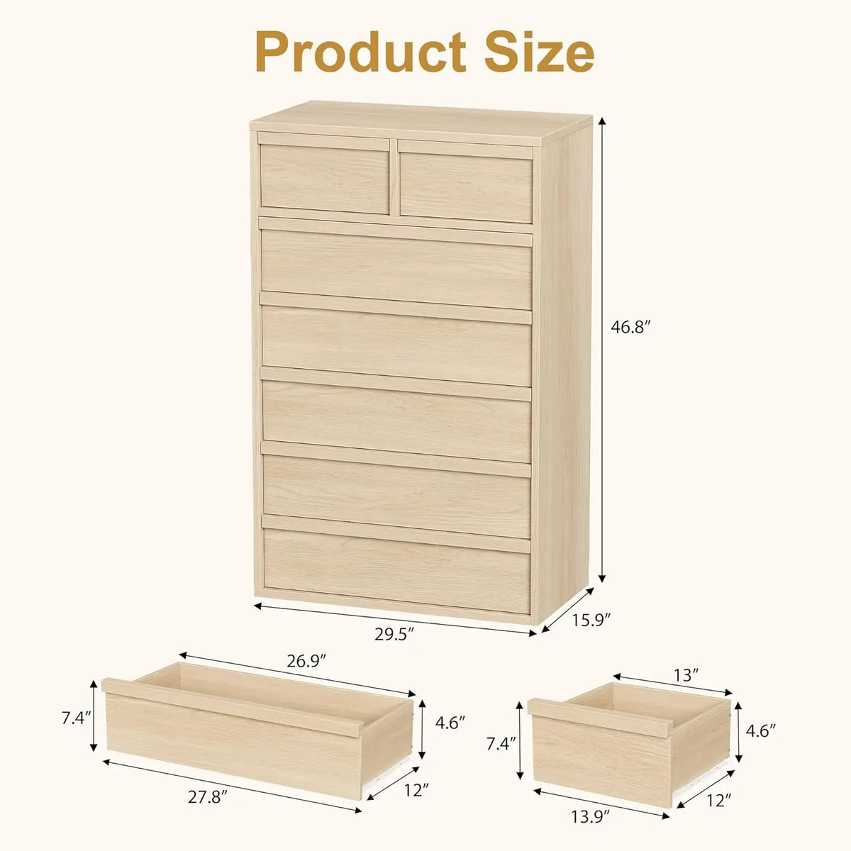 Natural Wood 7-Drawer Dresser, Vertical Storage Cabinet Sturdy PB board, anti-tip safety kit. Space-saving storage, for bedroom, living room, entrance, children's room