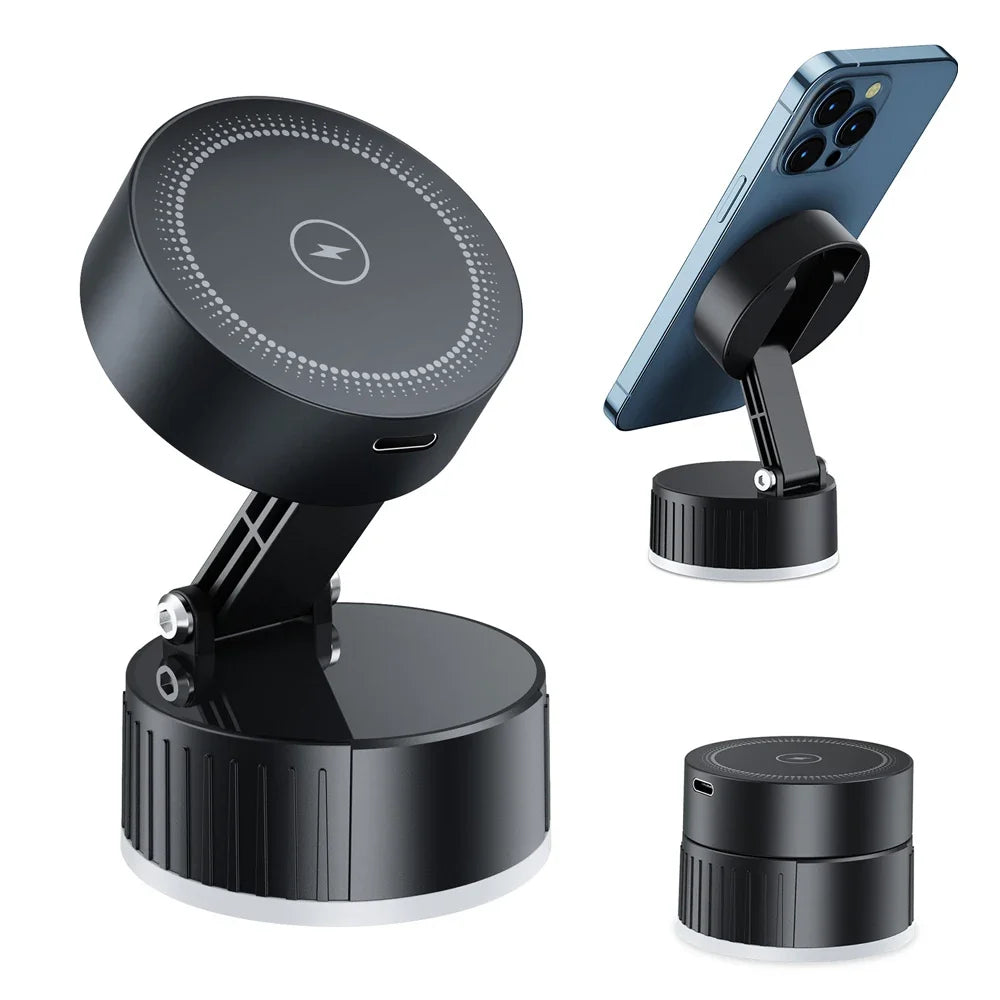 Magnetic Car Phone Mount Charger 15W Fast Wireless Charging Magnetic Phone Holder with Rotatable Charging Panel For iPhone 16