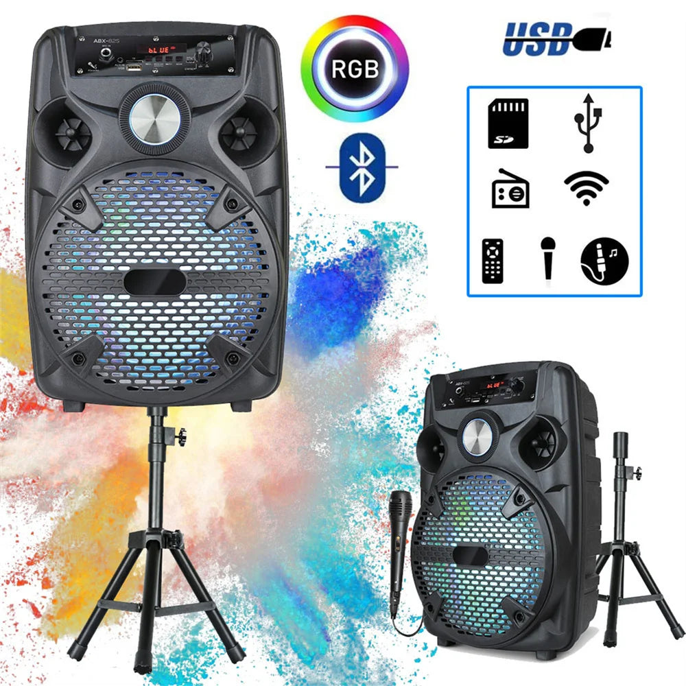1100W Portable Bluetooth Party Speaker 8' Subwoofer W/Stand Sound System DJ Karaoke RGB Light Rechargeable Speaker with Mic