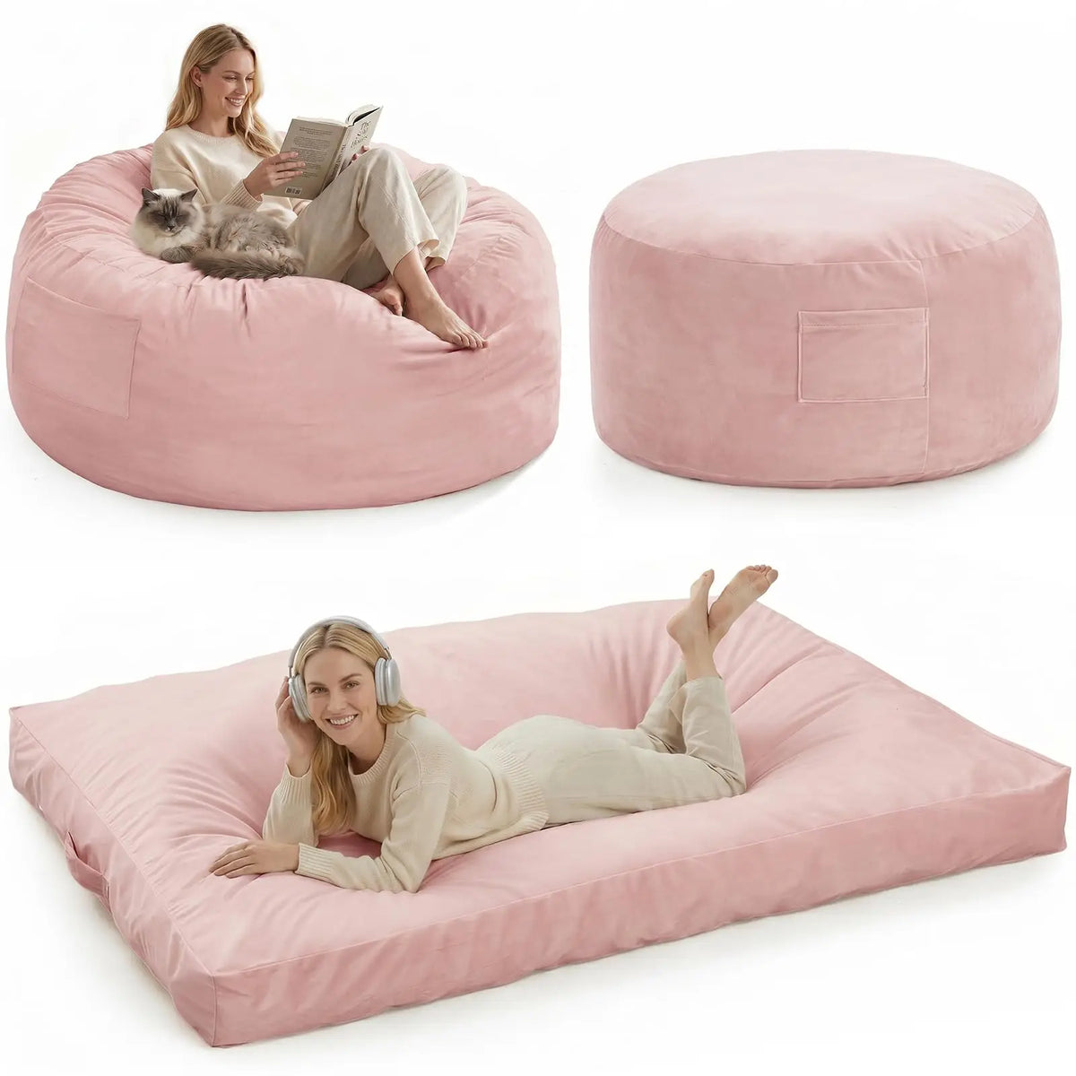 Large Adult Bean Bag Chair, 4 In 1 Convertible Bean Bag Bed, Memory Foam Floor Sofa, Flannel Cover With Inner Liner For Home