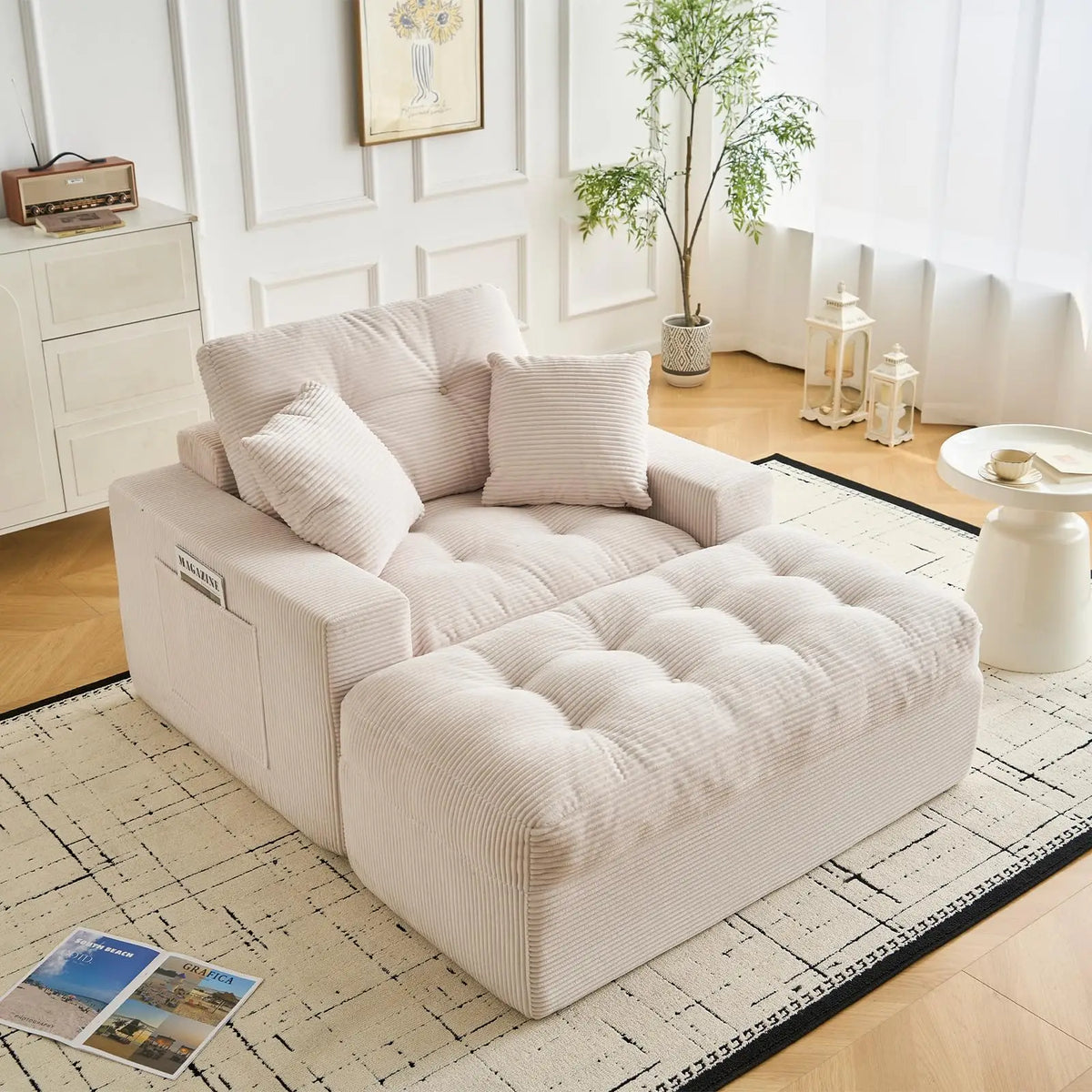 63'' Cloud Chaise Lounge Indoor With Ottoman, Oversized Corduroy Sleeper Sofa Chair, Deep Seat Reading Couch, 2 Pillows