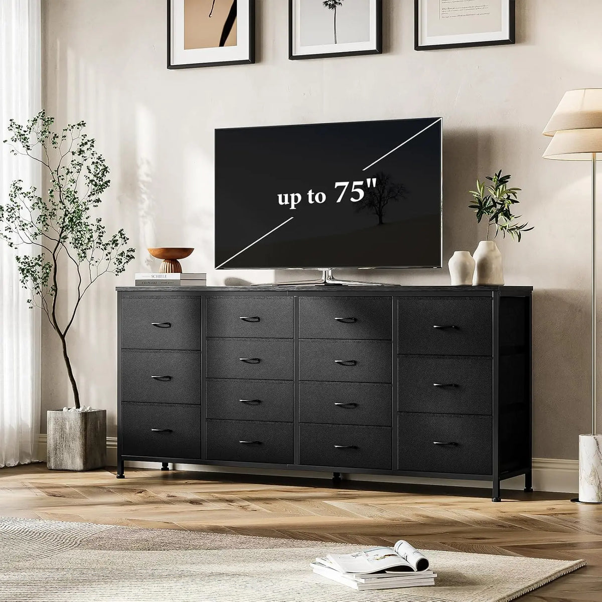 14 Drawer Dresser 63 in Black Fabric Dresser TV Stand with Power Outlet for 65 70 75 in TV Long Entertainment Center for Bedroom