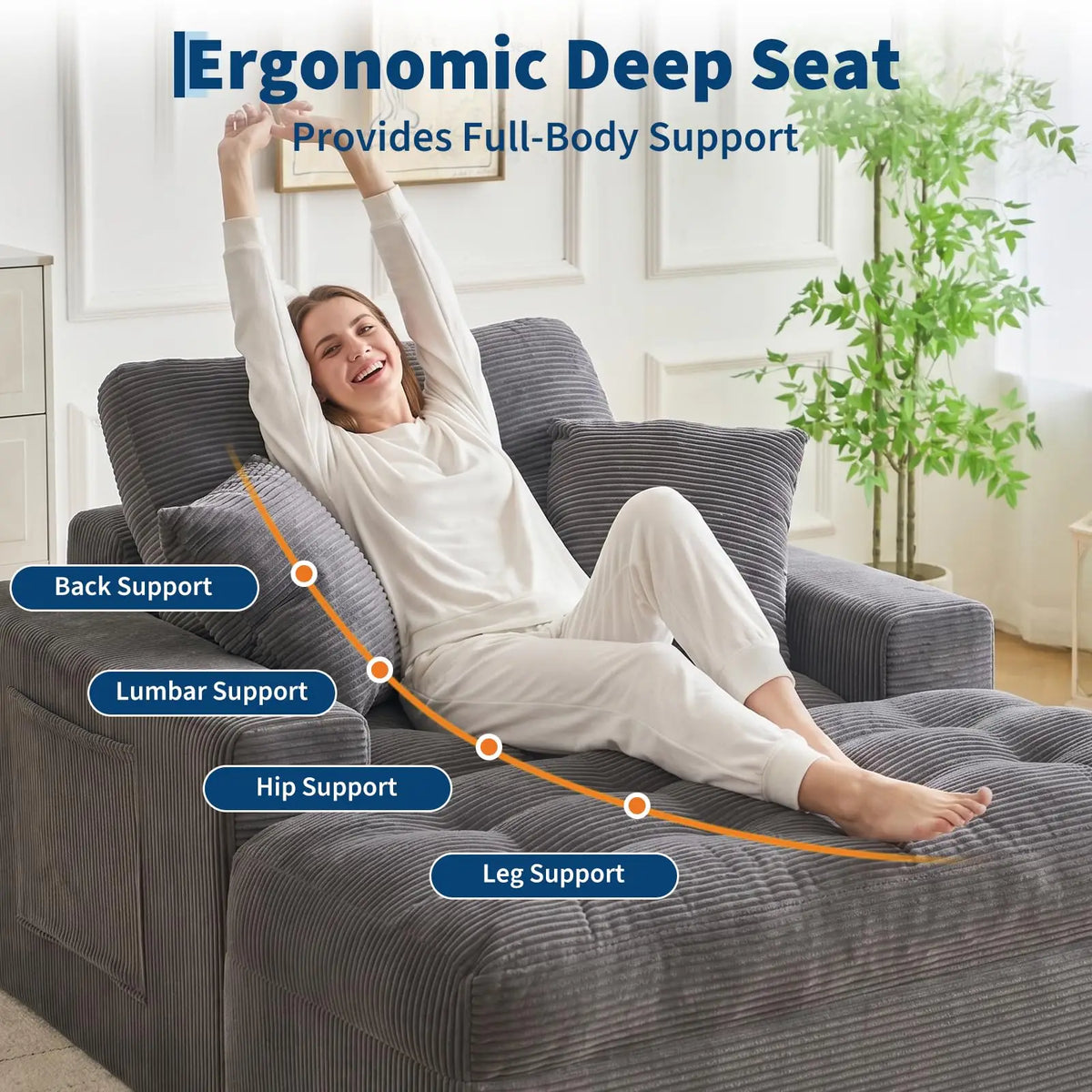 63'' Cloud Chaise Lounge Indoor With Ottoman, Oversized Corduroy Sleeper Sofa Chair, Deep Seat Reading Couch, 2 Pillows