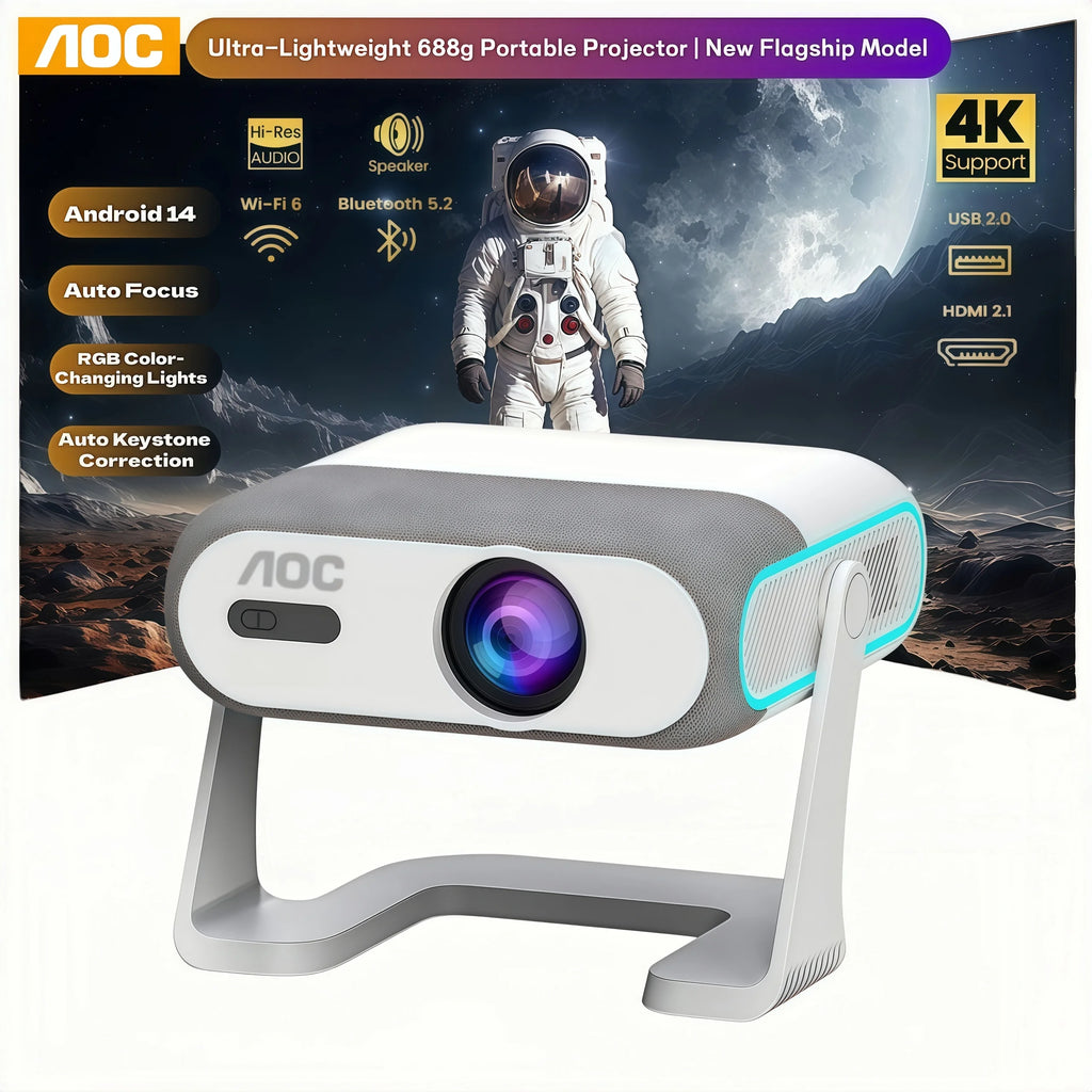 AOC Android 14 Projector 300ANSI Auto Focus Keystone WiFi 6 BT5.2 Portable Mini Beamer 1080P Support 4K Home Cinema Proyector