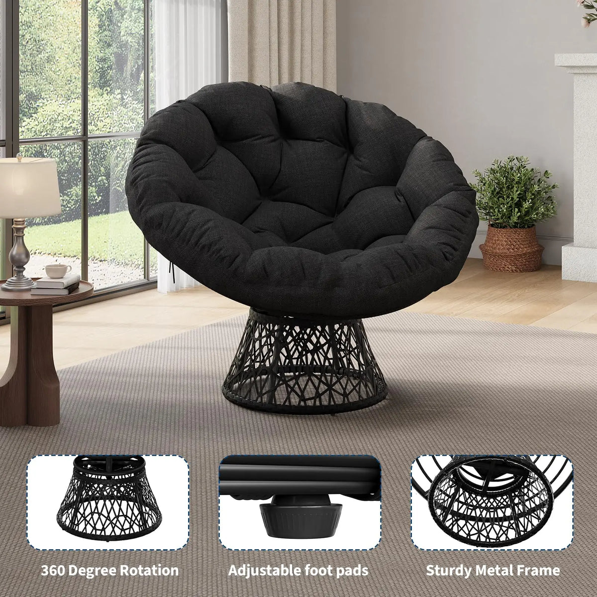 Oversized 40'' Papasan Chair, Ergonomic Wicker Swivel Chair With Thick Cushion & Steel Frame For Adults, Living Room
