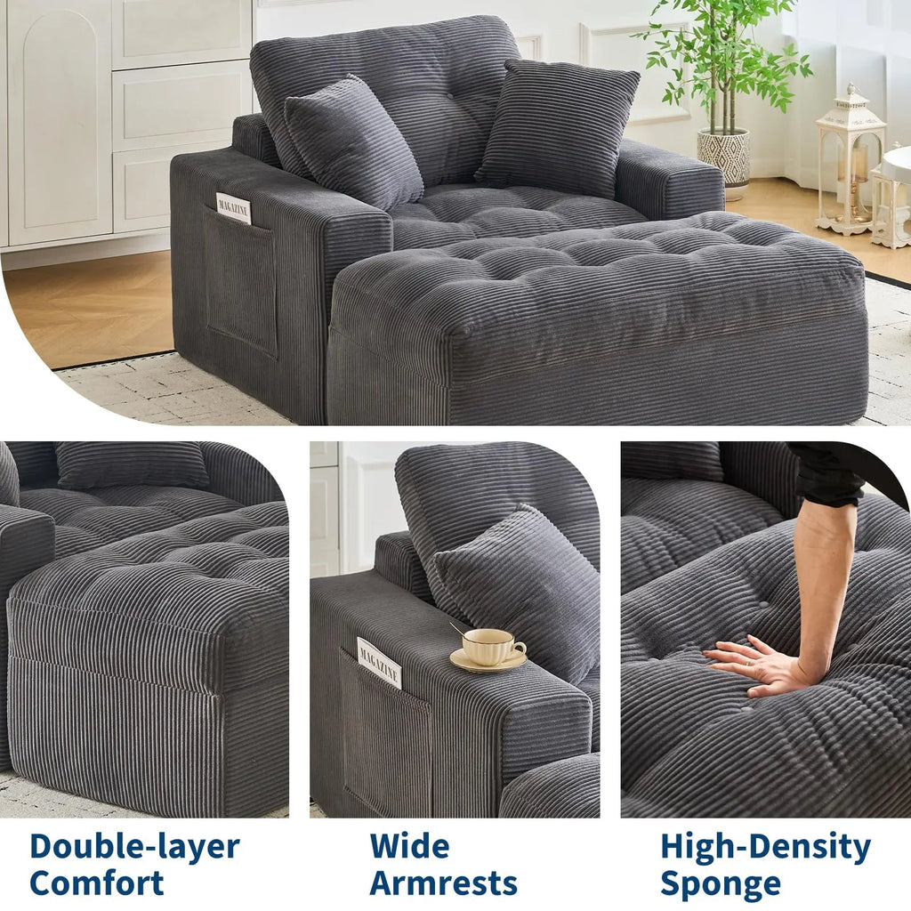 63'' Cloud Chaise Lounge Indoor With Ottoman, Oversized Corduroy Sleeper Sofa Chair, Deep Seat Reading Couch, 2 Pillows