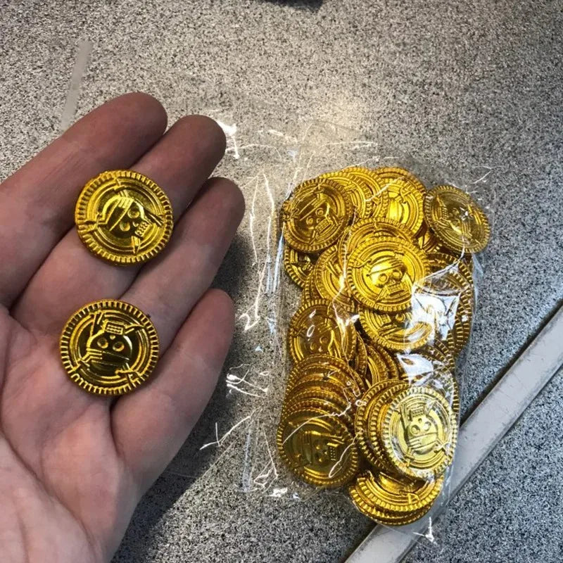 50Pcs Pirate Gold Coins Plastic Fake Treasure Coins Props Halloween Decor Kids Birthday Party Favor Game Treasure Supplies