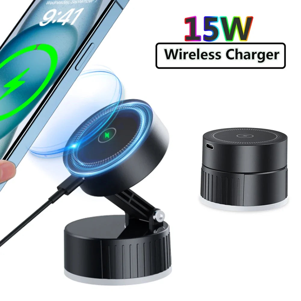 Magnetic Car Phone Mount Charger 15W Fast Wireless Charging Magnetic Phone Holder with Rotatable Charging Panel For iPhone 16
