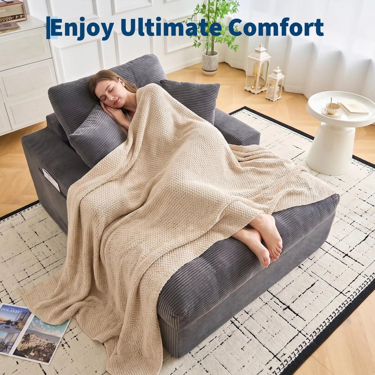 63'' Cloud Chaise Lounge Indoor With Ottoman, Oversized Corduroy Sleeper Sofa Chair, Deep Seat Reading Couch, 2 Pillows