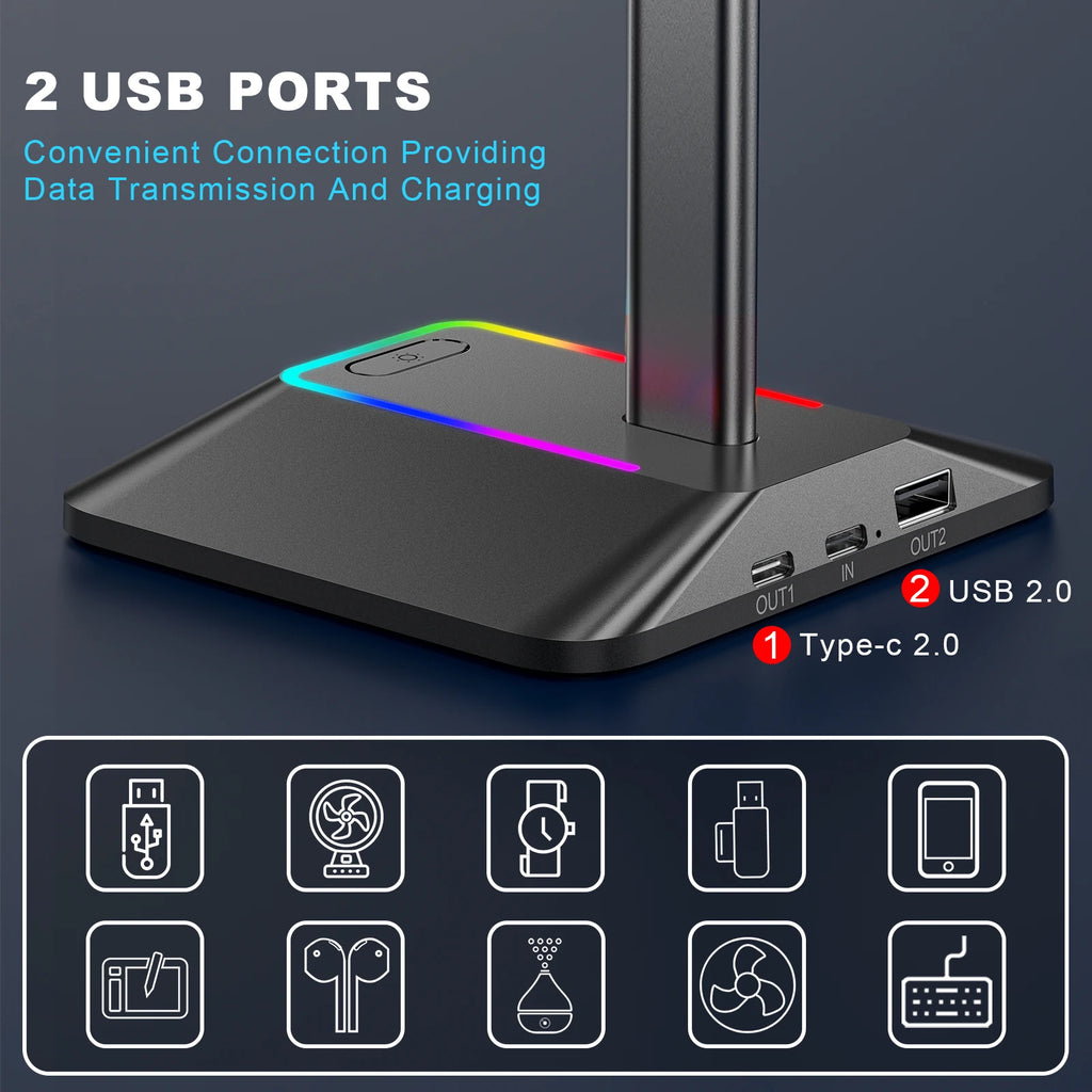 New Bee Z8 RGB Headphones Stand Holder with 2 USB Ports Desk Gaming Headset Cool Display Holder Non-Slip Rubber Base for Gamer