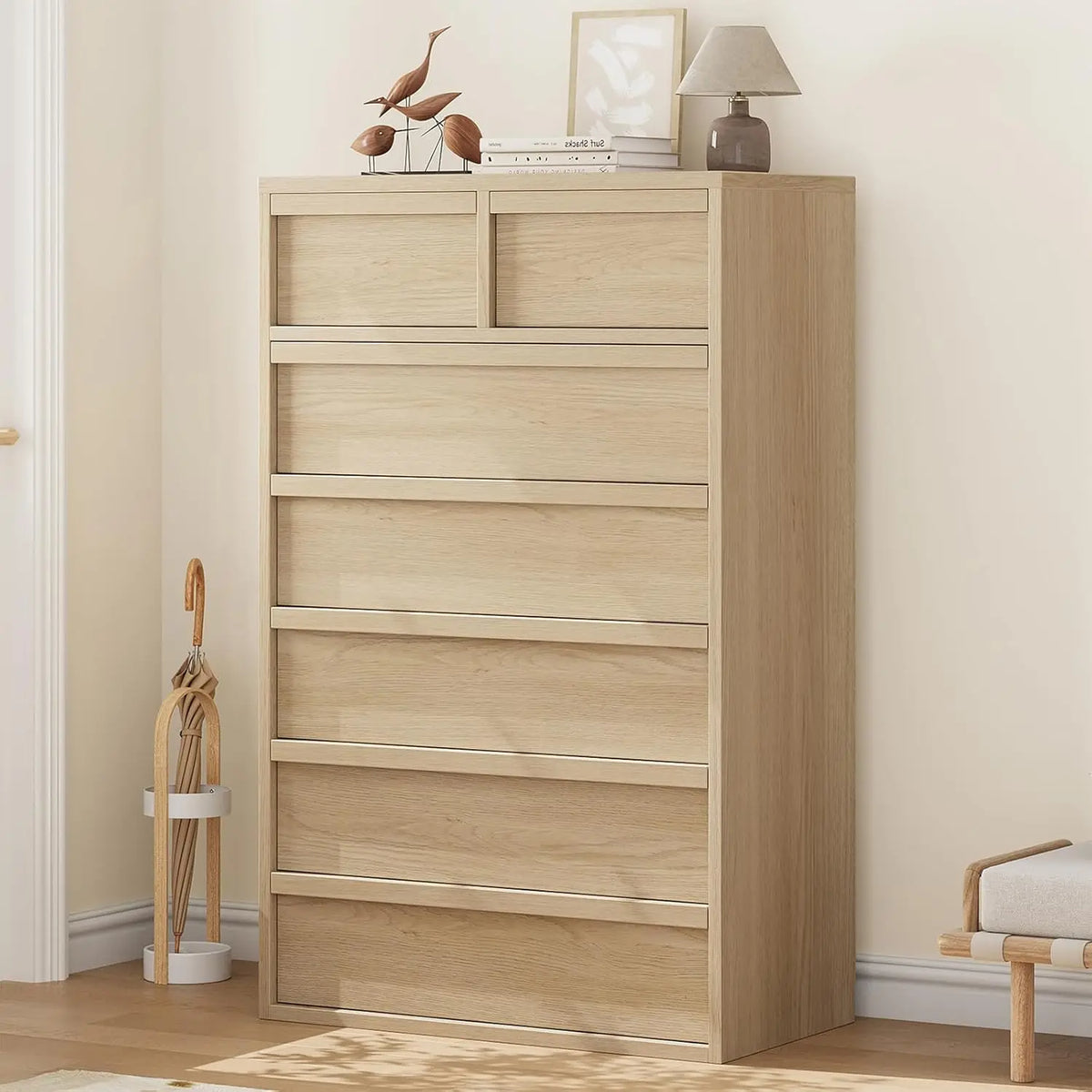 Natural Wood 7-Drawer Dresser, Vertical Storage Cabinet Sturdy PB board, anti-tip safety kit. Space-saving storage, for bedroom, living room, entrance, children's room