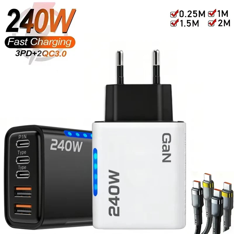 New 5 in 1 GaN Charger For IPhone 16 15pro Desktop Laptop Samsung 240W Fast Charging Adapter 120w Type To TypeC Cable Charger