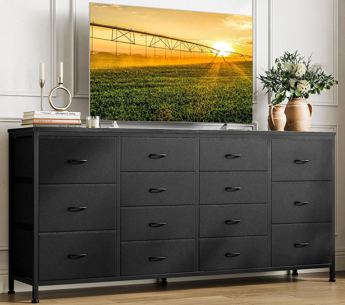 14 Drawer Dresser 63 in Black Fabric Dresser TV Stand with Power Outlet for 65 70 75 in TV Long Entertainment Center for Bedroom