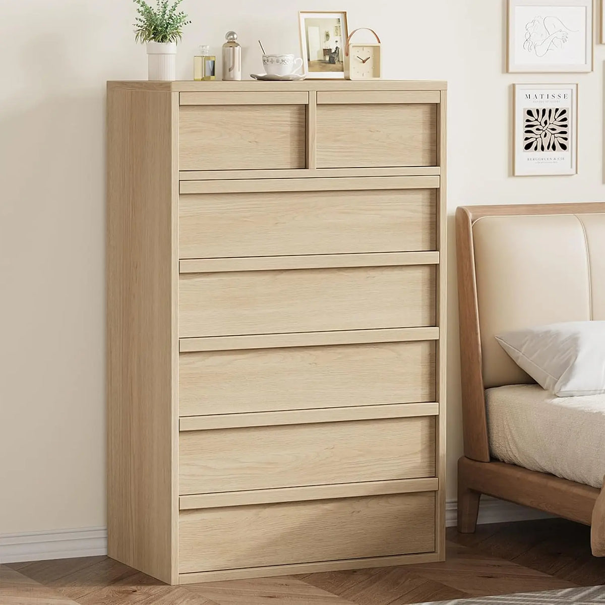 Natural Wood 7-Drawer Dresser, Vertical Storage Cabinet Sturdy PB board, anti-tip safety kit. Space-saving storage, for bedroom, living room, entrance, children's room