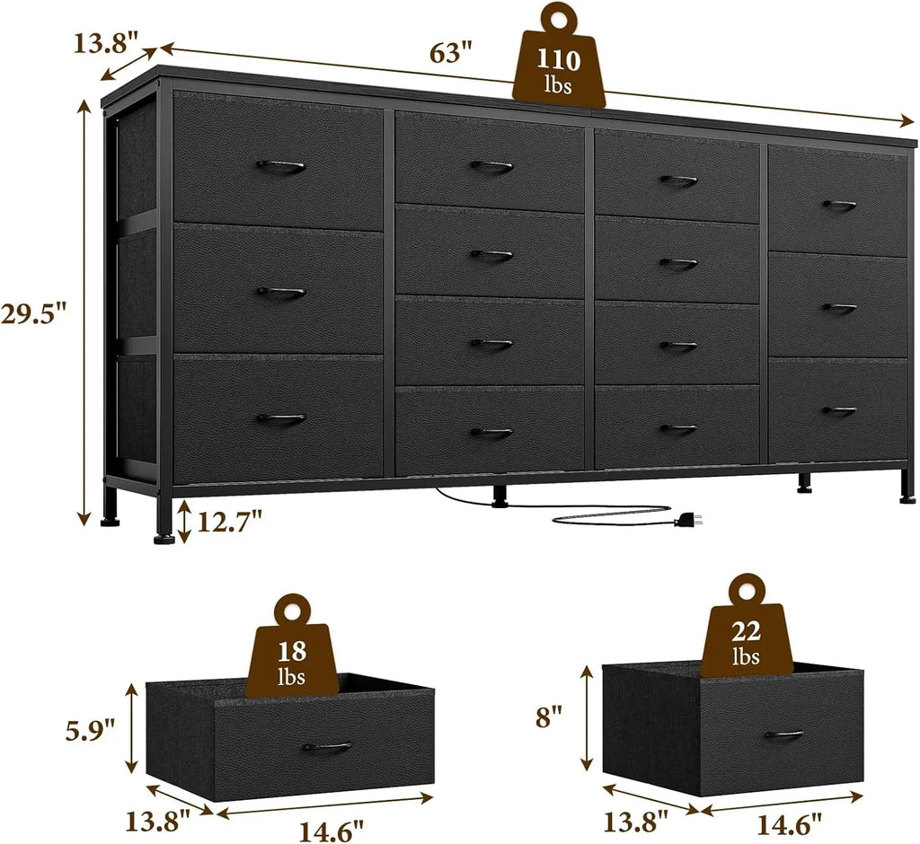 14 Drawer Dresser 63 in Black Fabric Dresser TV Stand with Power Outlet for 65 70 75 in TV Long Entertainment Center for Bedroom