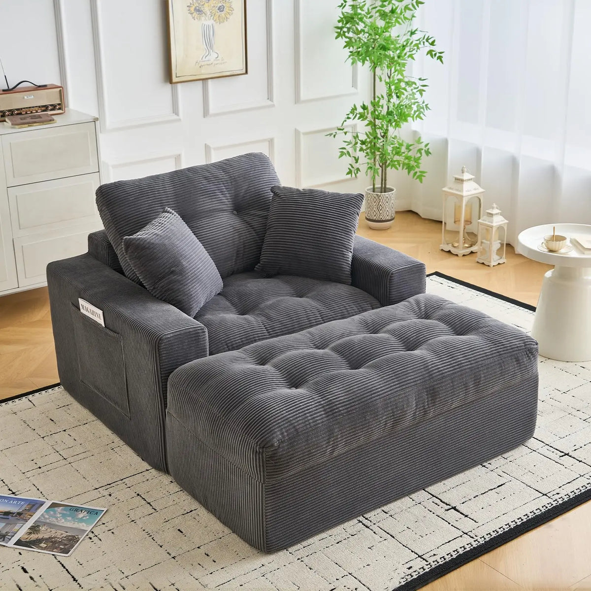 63'' Cloud Chaise Lounge Indoor With Ottoman, Oversized Corduroy Sleeper Sofa Chair, Deep Seat Reading Couch, 2 Pillows