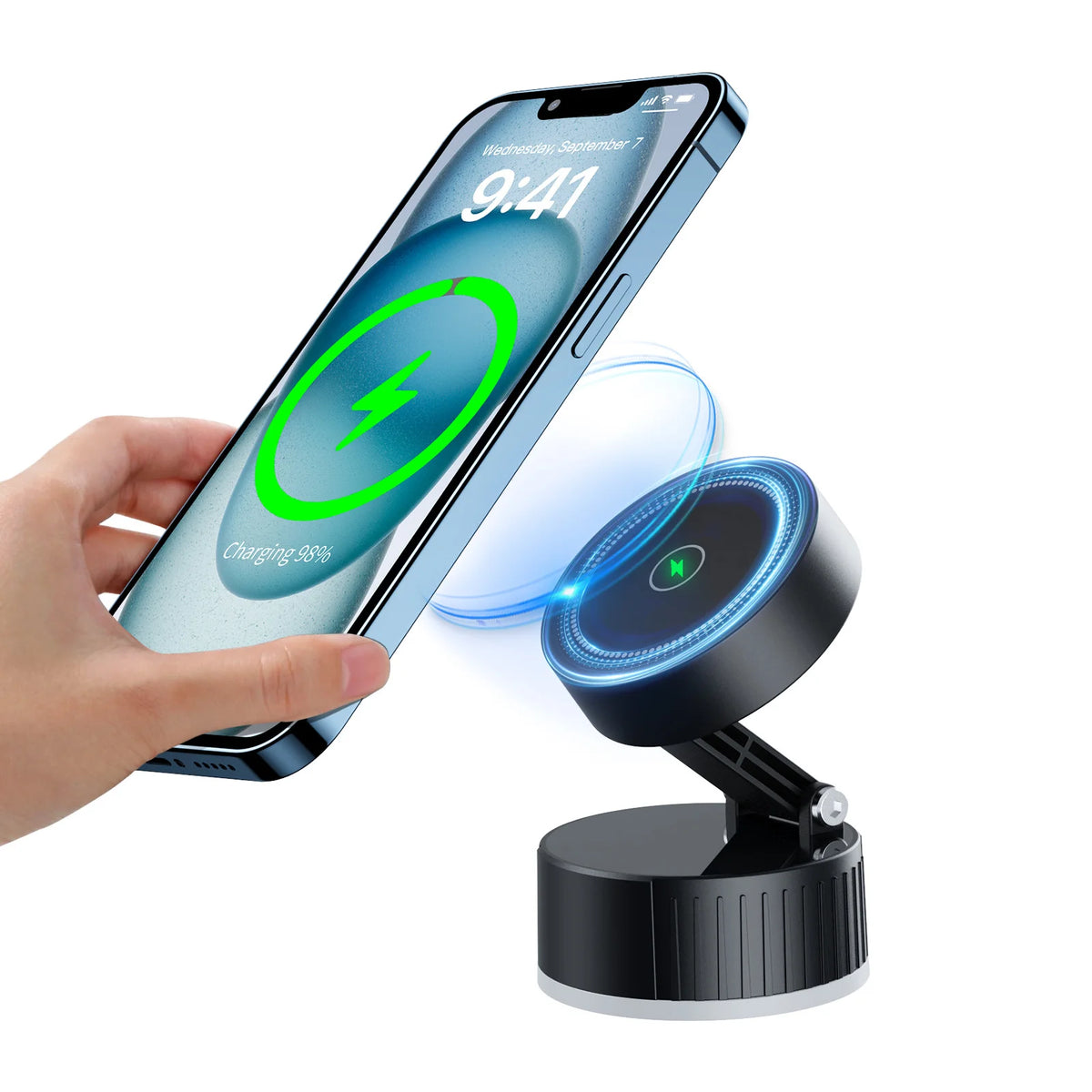 Magnetic Car Phone Mount Charger 15W Fast Wireless Charging Magnetic Phone Holder with Rotatable Charging Panel For iPhone 16