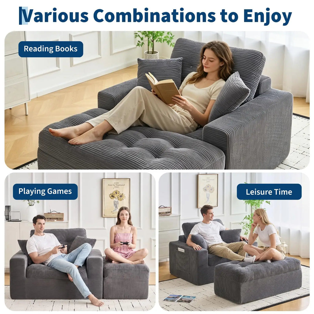 63'' Cloud Chaise Lounge Indoor With Ottoman, Oversized Corduroy Sleeper Sofa Chair, Deep Seat Reading Couch, 2 Pillows