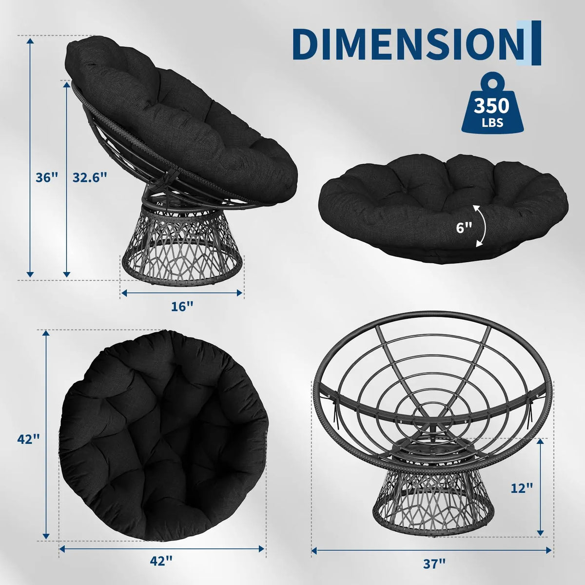 Oversized 40'' Papasan Chair, Ergonomic Wicker Swivel Chair With Thick Cushion & Steel Frame For Adults, Living Room