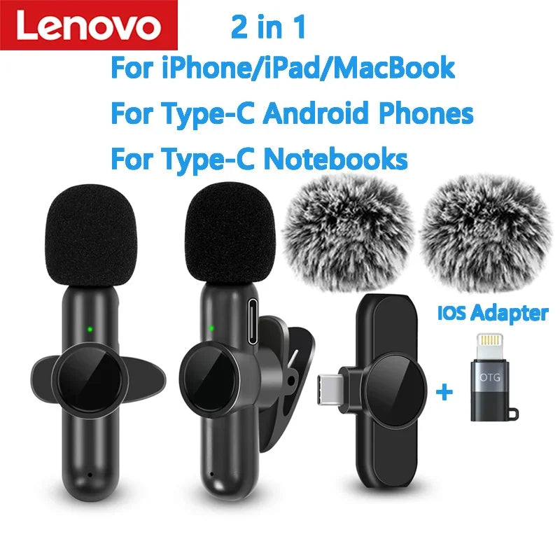 Lenovo 2.4G Wireless Lavalier Microphone Noise Cancelling Audio Video Recording for IPhone/iPad/Android/Samsung Live GameMic
