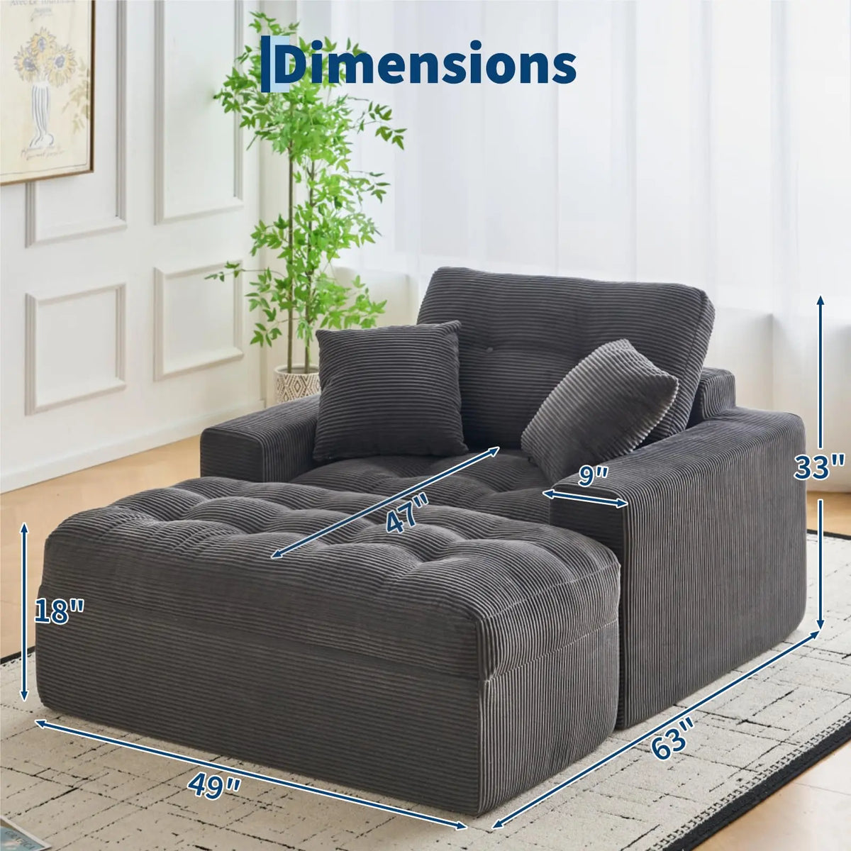 63'' Cloud Chaise Lounge Indoor With Ottoman, Oversized Corduroy Sleeper Sofa Chair, Deep Seat Reading Couch, 2 Pillows