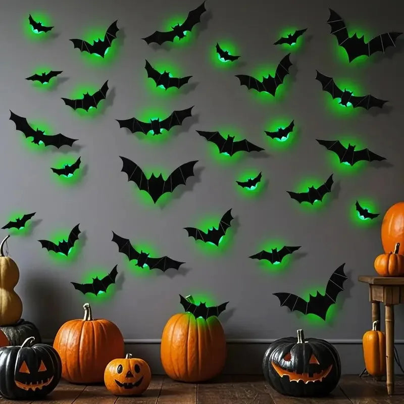 Halloween Decorations 3D Lighted Bats with Purple Green LED Lights Waterproof Window Wall Stickers for Indoor Outdoor Decor