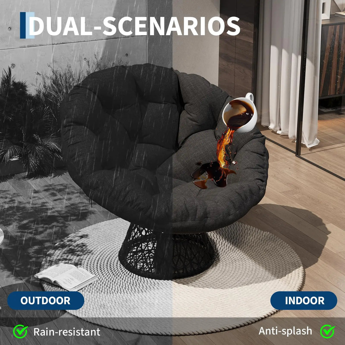 Oversized 40'' Papasan Chair, Ergonomic Wicker Swivel Chair With Thick Cushion & Steel Frame For Adults, Living Room