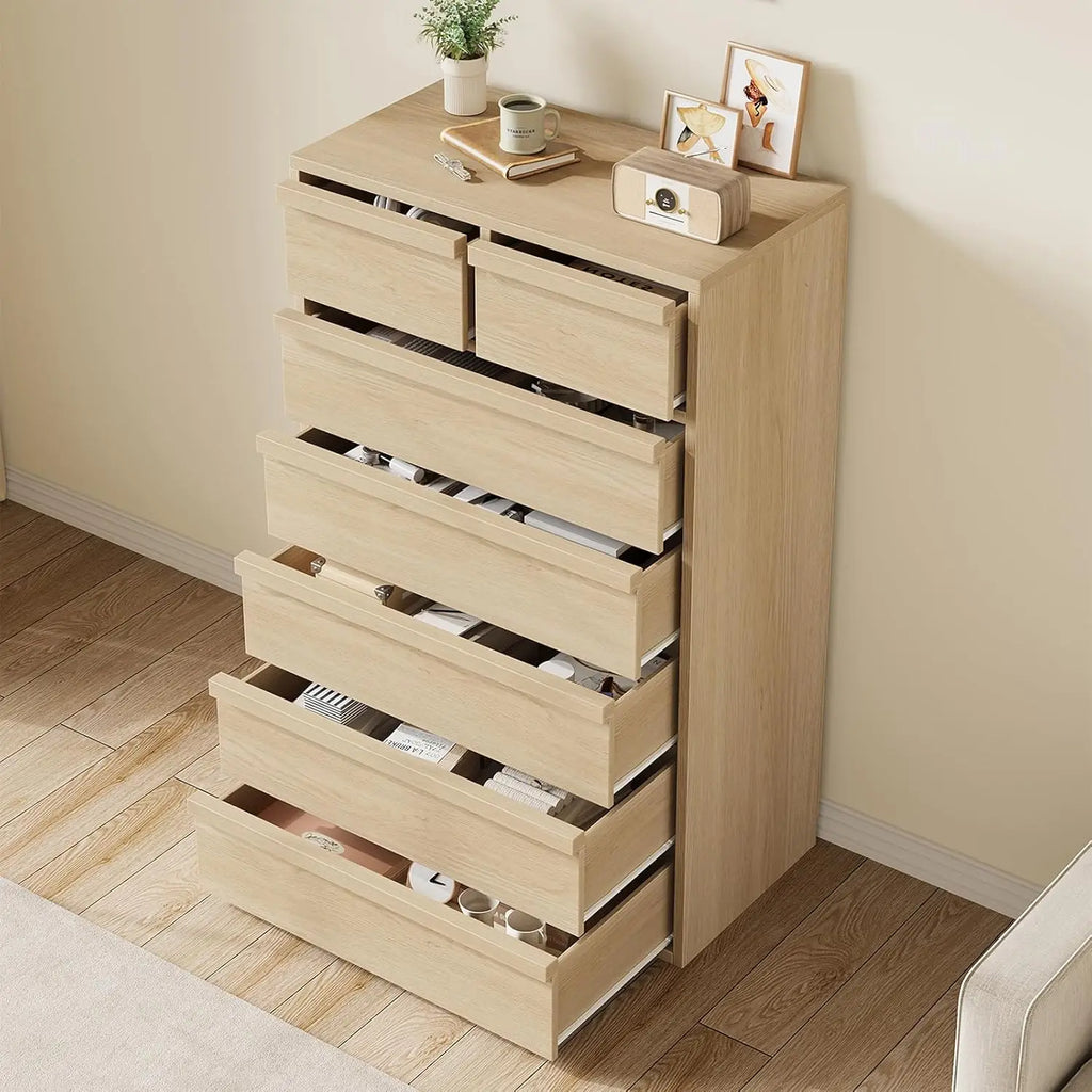 Natural Wood 7-Drawer Dresser, Vertical Storage Cabinet Sturdy PB board, anti-tip safety kit. Space-saving storage, for bedroom, living room, entrance, children's room