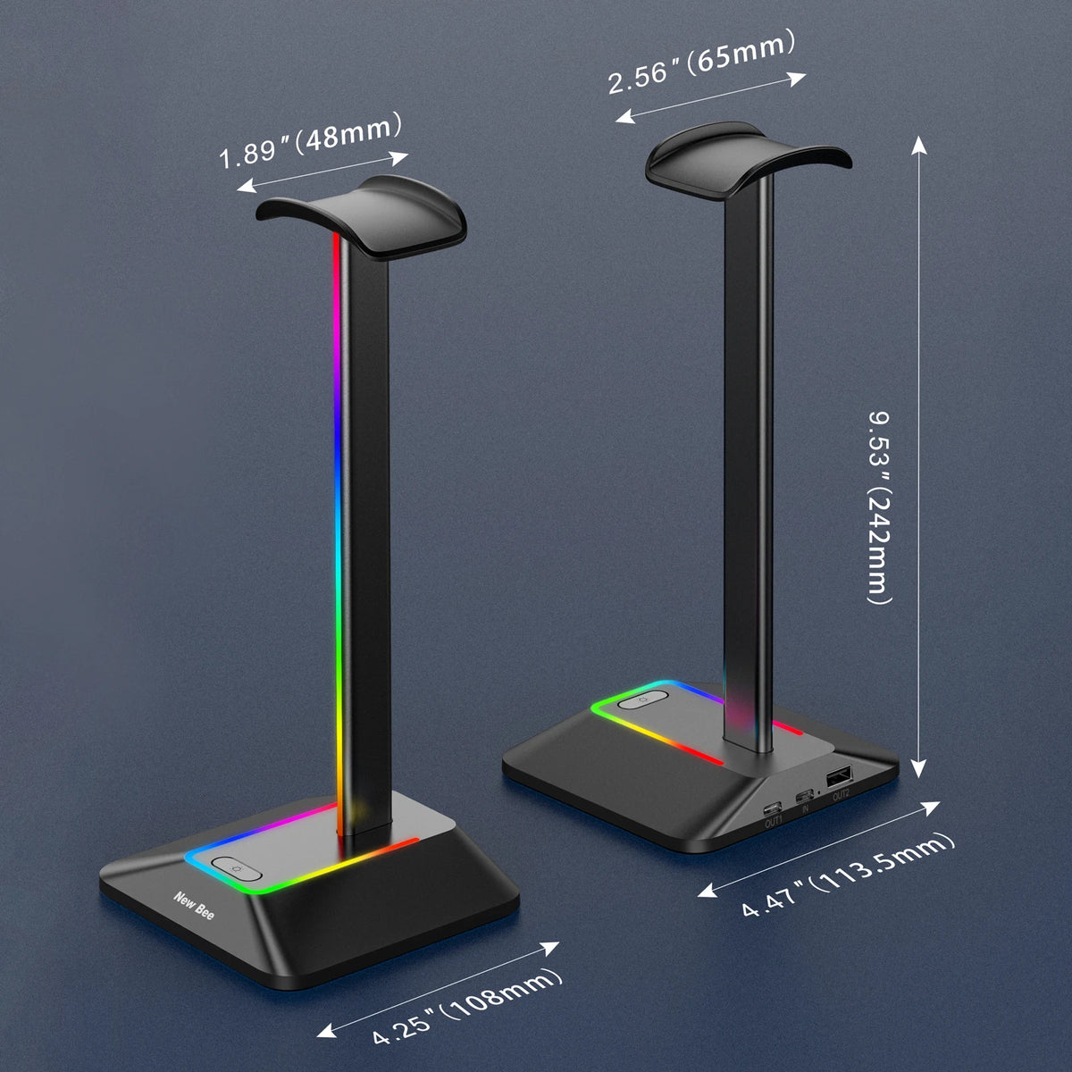 New Bee Z8 RGB Headphones Stand Holder with 2 USB Ports Desk Gaming Headset Cool Display Holder Non-Slip Rubber Base for Gamer
