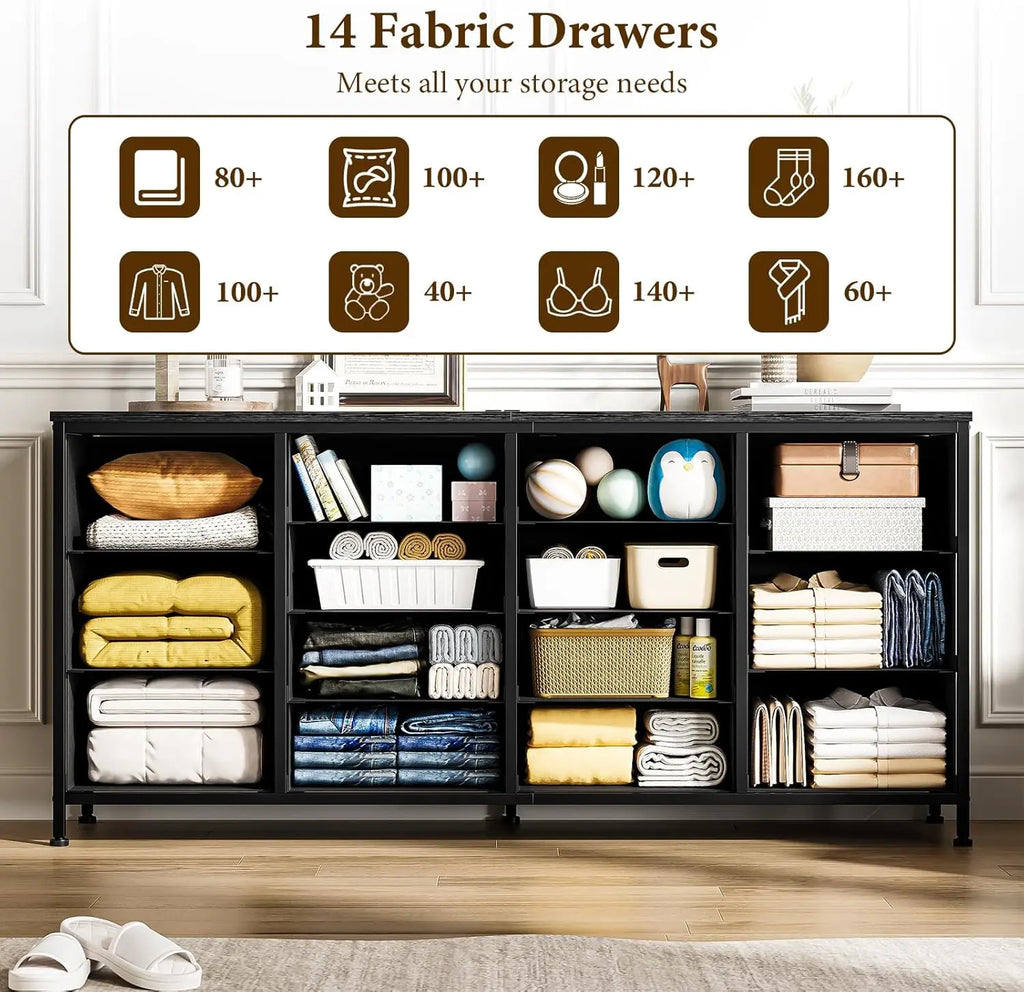 14 Drawer Dresser 63 in Black Fabric Dresser TV Stand with Power Outlet for 65 70 75 in TV Long Entertainment Center for Bedroom