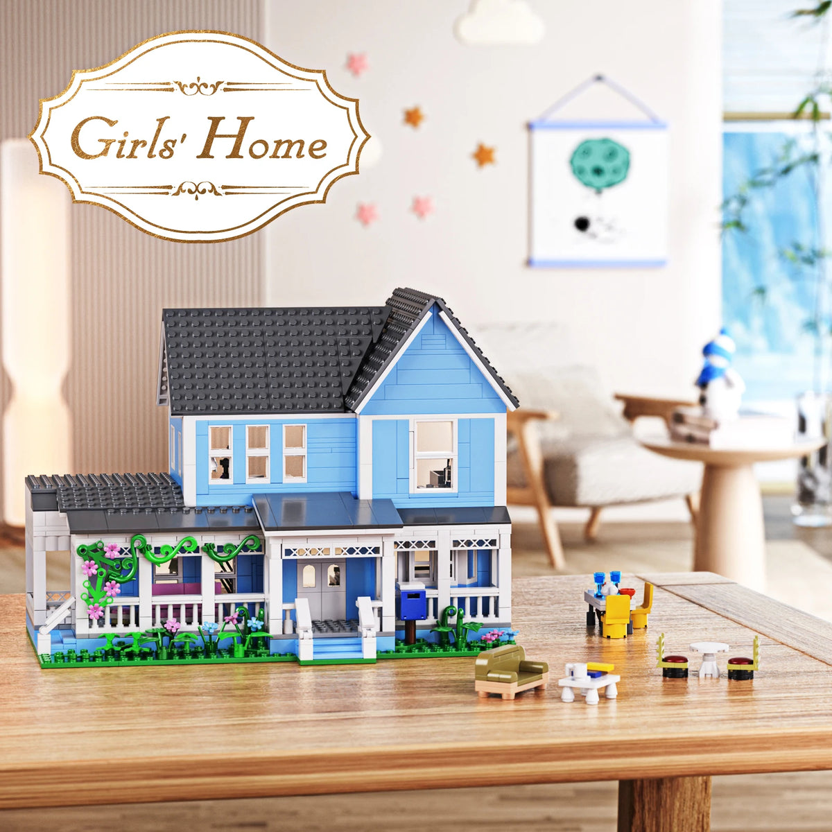 Lorelai Girls House Building Blocks Sets Blue Palace Home Decor Desktop Ornament Architecture Room Decoration Teens Adults Gifts