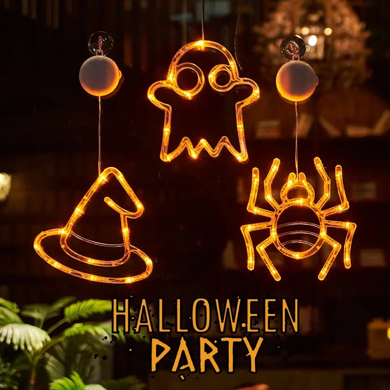 Halloween Decoration Orange Pumpkin Ghost Halloween Window Light with Suction Cup Battery Operated Halloween Home Hanging Decor