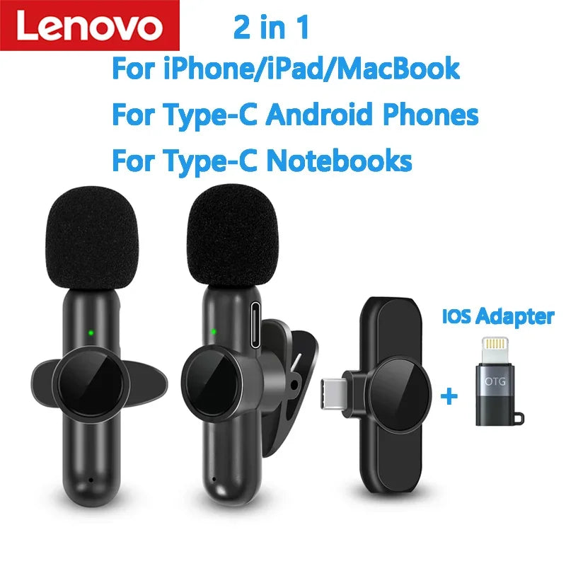 Lenovo 2.4G Wireless Lavalier Microphone Noise Cancelling Audio Video Recording for IPhone/iPad/Android/Samsung Live GameMic