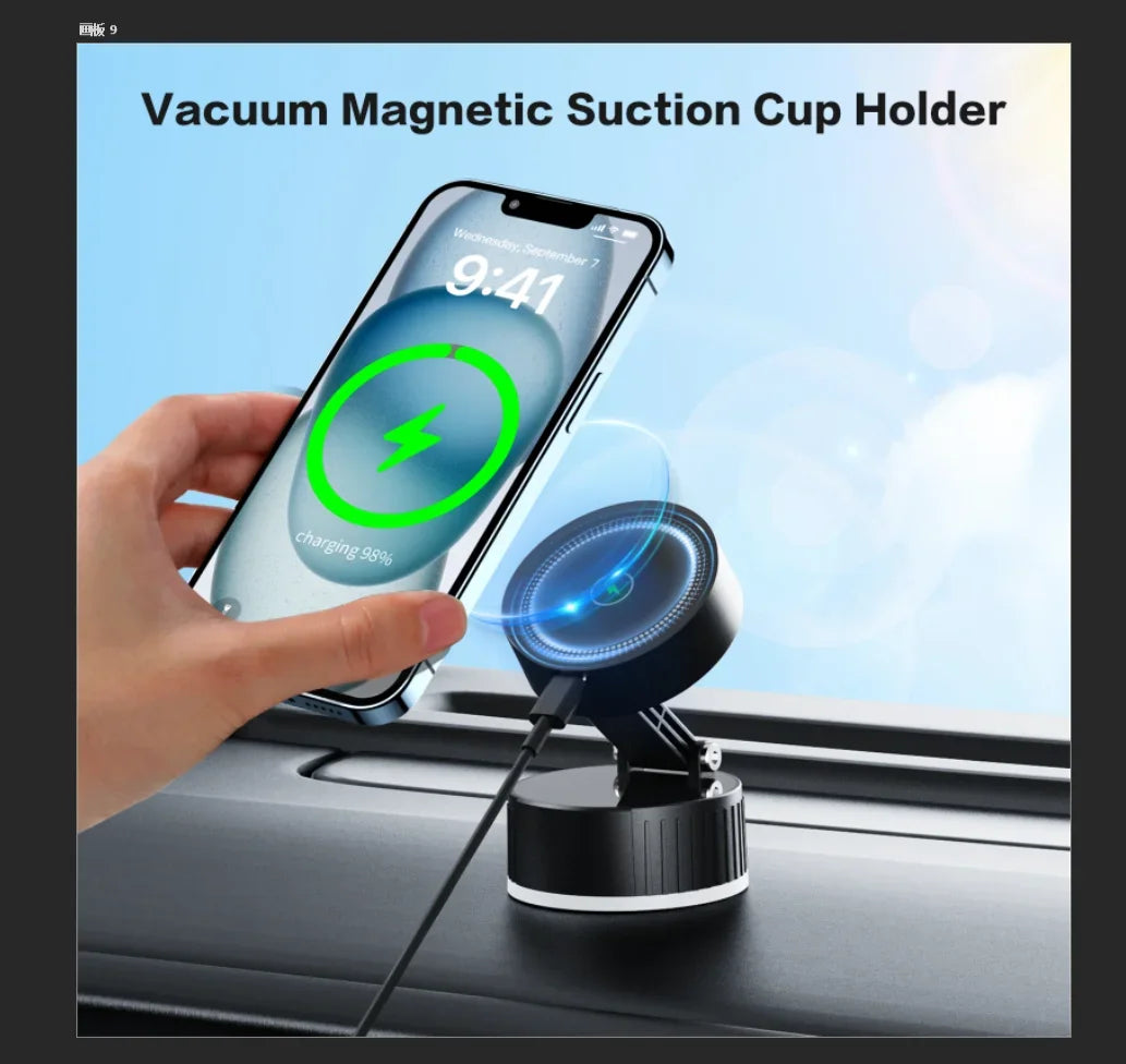 Magnetic Car Phone Mount Charger 15W Fast Wireless Charging Magnetic Phone Holder with Rotatable Charging Panel For iPhone 16