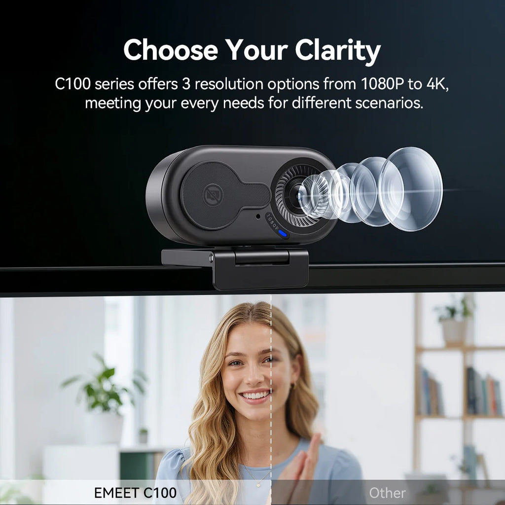 4K/2K/1080P Webcam EMEET C100 USB Computer Camera for Living/ Video Call/ Conference