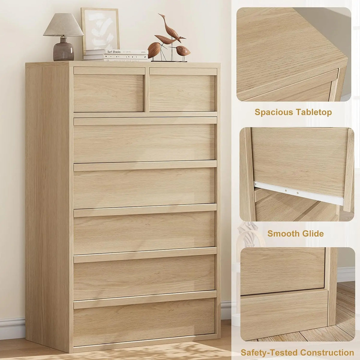 Natural Wood 7-Drawer Dresser, Vertical Storage Cabinet Sturdy PB board, anti-tip safety kit. Space-saving storage, for bedroom, living room, entrance, children's room