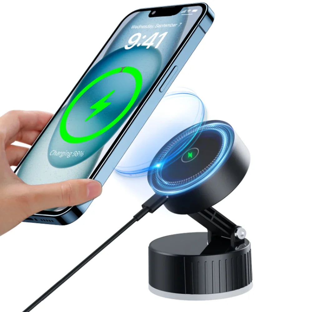 Magnetic Car Phone Mount Charger 15W Fast Wireless Charging Magnetic Phone Holder with Rotatable Charging Panel For iPhone 16